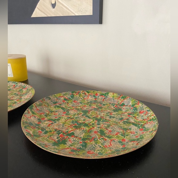 Large vintage MCM woven wood bowl platters in red and green 2 available - Picture 11 of 12